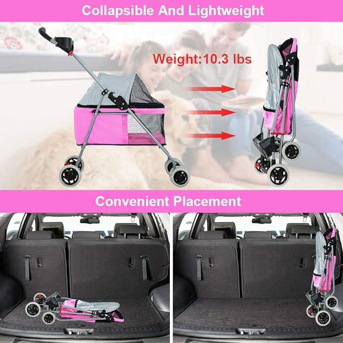 BestPet Pet Stroller 4 Wheels Posh Folding Waterproof Portable Travel Cat Dog Stroller with Cup Holder,Pink
