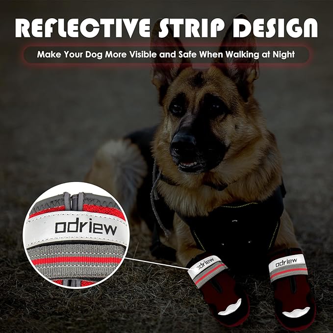 ODRIEW Dog Shoes Large Size Dogs, 4PCS Breathable Mesh Dog Boots & Paw Protectors for Hot Pavement, Small Shoes for Dogs with Reflective Strip, Anti-Slip Sole for Outdoor Walking Hiking. (Reds, 8)