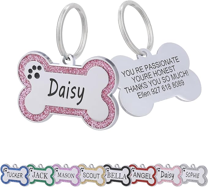 Personalized Dog Tags - Stainless Steel Deep Engraved Glitter Bone Shape Pet ID Tag, Double Sided Custom Text, Lightweight Durable Cat Dog Name Tag (Pink, L)