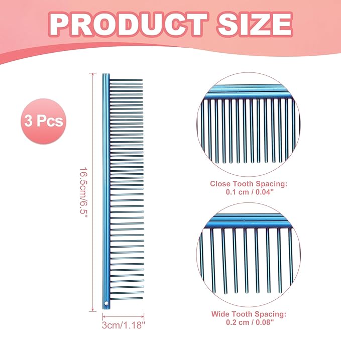 Dog Cat Comb, Pet Combs Stainless Steel Teeth with Rounded Ends for Knots Mats Loose Hair Removal, 6.5IN (Blue Plated, 3 Pack), Grooming Tool Intended for Long Curly Hair Pet