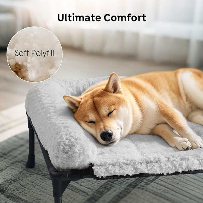 Veehoo Orthopedic Elevated Dog Bed Add Removable Deluxe Rose Plush Bolster Cushion Mat, 35" x 22" Washable Dog Couch Bed, Raised Pet Cot with Breathable Teslin Mesh, No-Slip Feet, Grey, CWC2439B