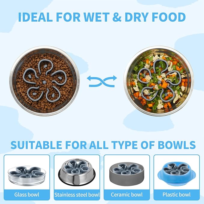 Slow Feeder Dog Bowls Insert, Bestalk Soft Silicone Slow Eating Dog Bowl Insert with Suction Cups for Small, Medium and Large Dogs(Grey L)