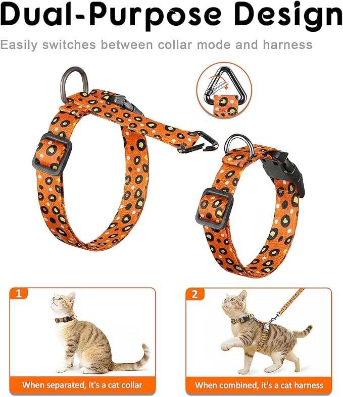 Halypet Cat Harness and Leash Set, Escape Proof 3-in-1 Adjustable Harness for Cats & Kitten, Soft Lightweight, Easy On & Control for Walking, Travel & Outdoor Use, Vibrant Leopard Orange, Small