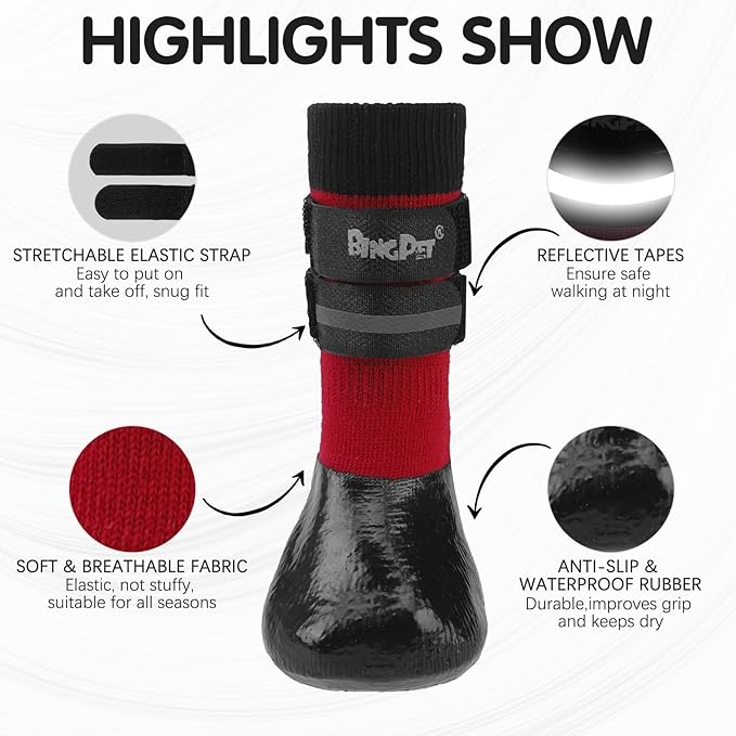 BINGPET Anti-Slip Dog Socks for Hardwood Floors,Injury Prevent Licking Dog Booties,Traction Control Paw Protector Dog Shoes for Hot Pavement with Reflective Straps for Small Medium Large Dogs