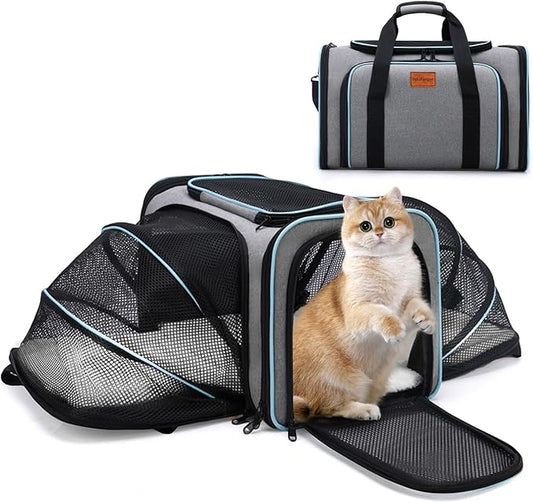 VeluXanipyr Expandable Pet Carrier,Airline Approved Soft-Sided Cat Dog Travel Bag with Hard Shell Base, Blue Trim, Removable Fleece Pad for Small Pets (Gray)