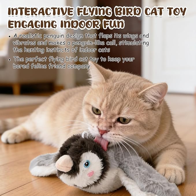 Interactive Chirping Bird Cat Toys - Cat Penguin Toy, Flying Birds Cats Toy with Flapping Wings, Realistic ElectricPenguin Pet Plush Toys, Relieving Boredom Flying Bird Cat Toys for Indoor Cats