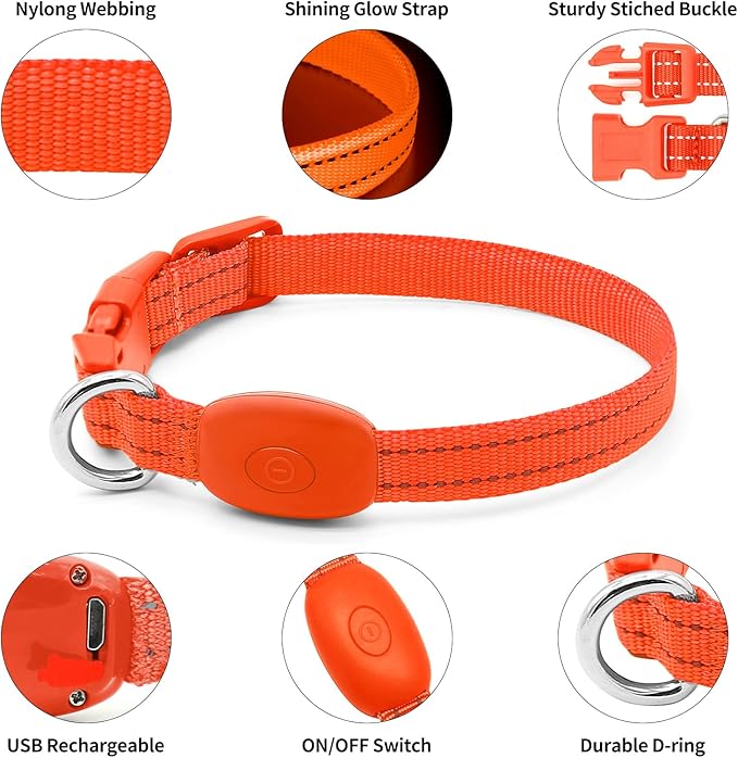Illumifun Light Up Dog Collar for Small Dogs Cats, Rechargeable LED Dog Collar Glow at Night, Adjustable Nylon LED Cat Collar Light (Orange, X-Small)