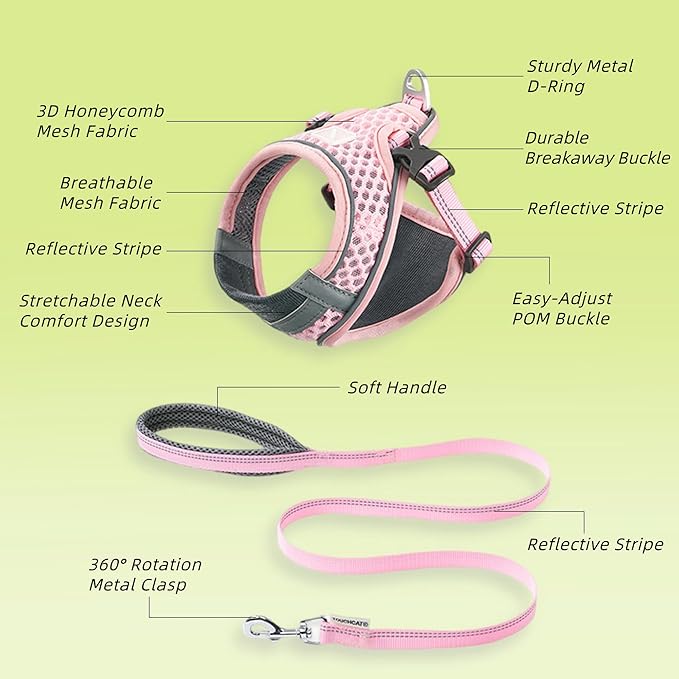 Cat Harness and Leash Set for Comfortable Outdoor Walking, Escape Proof, Adjustable Soft Kitten Vest Harness with Reflective Strip for Cats, Small Dogs (Pink, M)