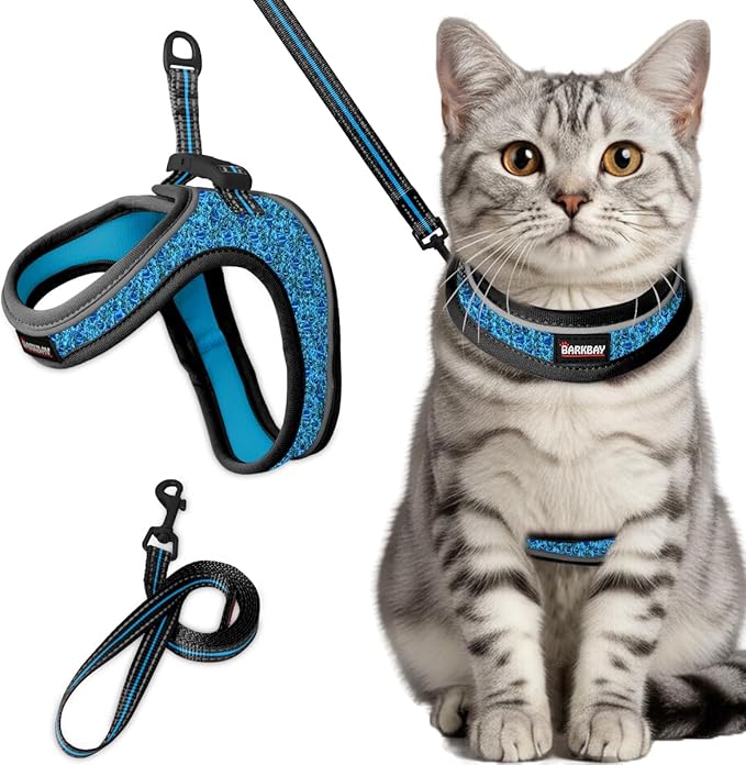 Cat Harness and Leash Set,Escape Proof Kitten Harness,Step in Adjustable Soft Lightweight,Easy Control,Reflective Strips Comfortable for Walking Travel(Blue/Black,XXS)