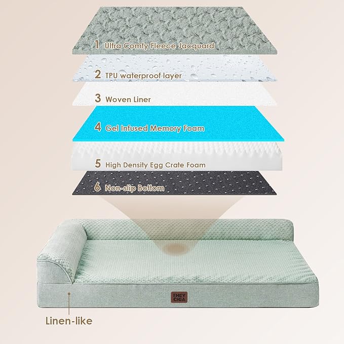 EHEYCIGA Memory Foam Dog Bed Large Sized Dogs, Pet Bed for Large Dog for Crate with Waterproof Liner, Pet Couch Bed Orthopedic with Washable Removable Cover, 35x22x6 Inches, Greyish Green