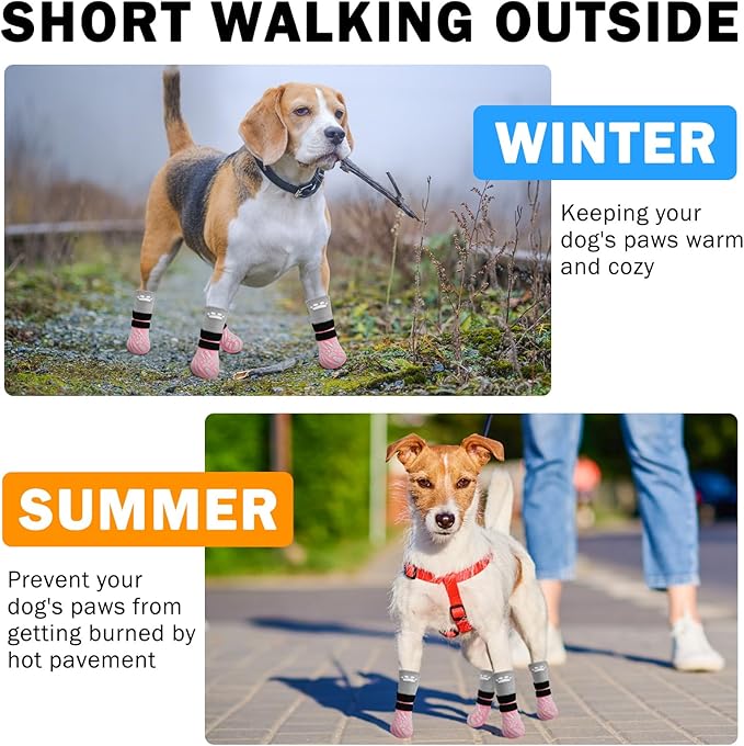 SCENEREAL Dog Socks to Prevent Licking Paws for Hot/Cold Pavement, Dog Boots & Paw Protectors for Small Medium Large Dogs, Senior Dog Grippy Socks Booties for Hardwood Floors Winter Outdoor, Pink S