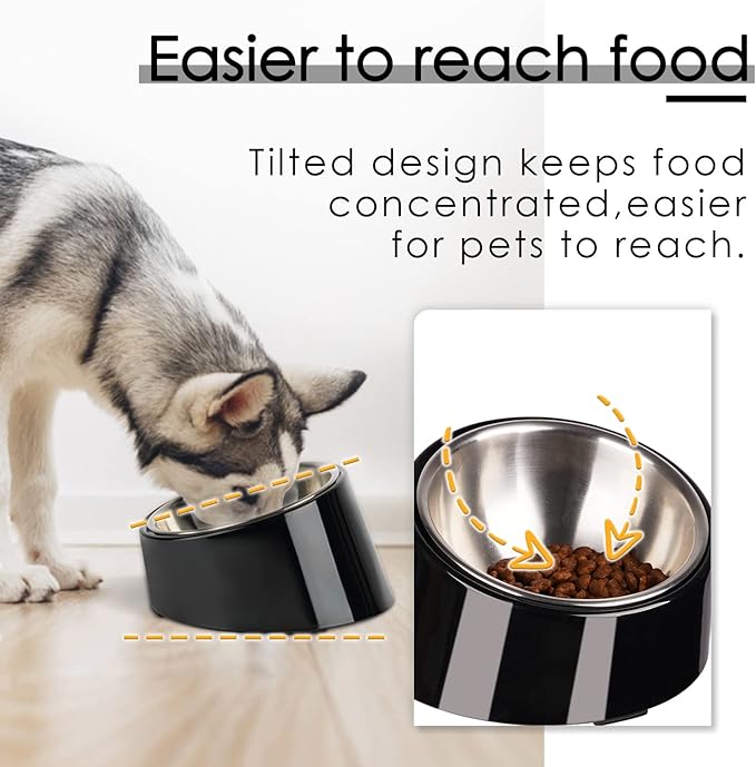 SuperDesign Mess Free 15° Slanted Bowl for Dogs and Cats, Tilted Angle Bulldog Bowl Dog Feeder, Non-Skid & Non-Spill, Easier to Reach Food M/1 Cup Dark Black