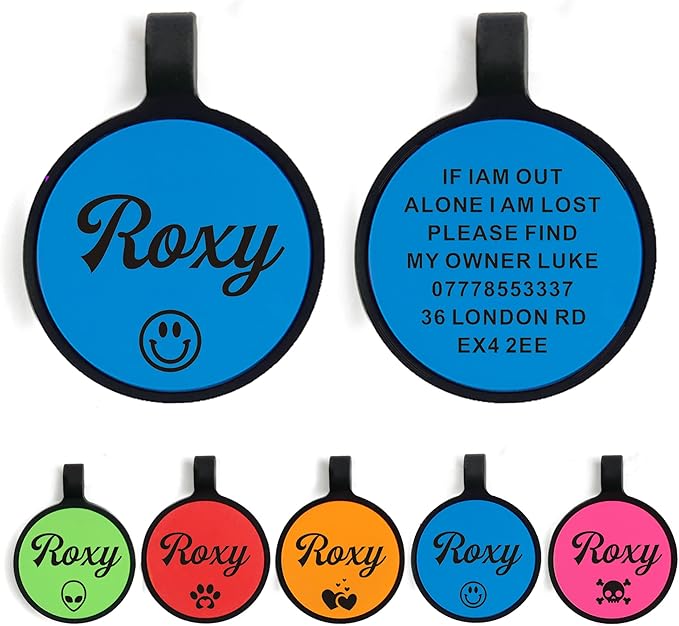 Blue Round Silicone Dog ID Tag - Personalized with Any Text, Silent, Engraved