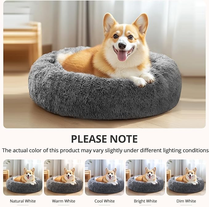 JOLLYVOGUE Calming Dog Bed Large Size Dog, Anti-Anxiety Donut Large Pet Bed, 36 inches Fluffy Faux Fur Round Cat Bed, Fits up to 75 lbs Pets (Smoke Black)