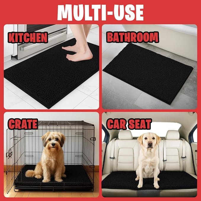 MudGuard Mat™ Dog Door Mat for Muddy Paws, Super Absorbent Microfiber, Non-Slip Indoor Mat, Quick Dry Chenille Mud Mat for Dogs & Entryway, Washable, Black 16" x 24"