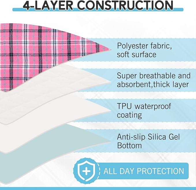 Washable Pee Pads for Dogs - 34”x36” 6PCS, Whelping Pad for Puppy Training, Playpen Crate Bed Floor Protector, Reusable Dog Potty Pads Non-Slip, Super Absorbent & Odor Controlling, Pink Plaid