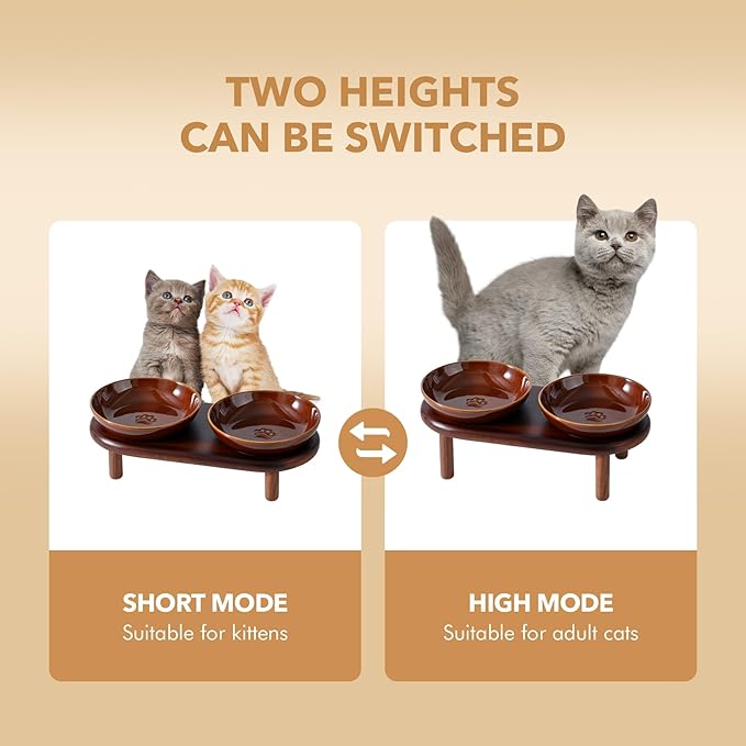Elevated Ceramic Paw Print Cat Dish, Wide Whisker Friendly Anti-Slip Food & Water Bowl with 2 Heights Adjustable Acacia Wooden Stand for Cats (2 Dishes +Stand, Caramel Brown)