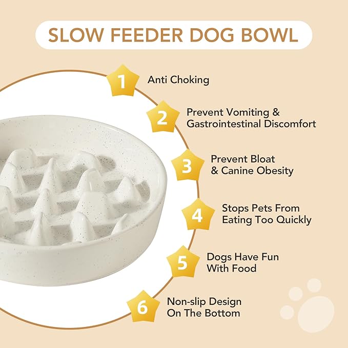 3.2 Cup Ceramic Dog Raised Slow Feeder Set, Elevated Bowl with Wooden Stand for Large Dog, 9.5inch Slow Feeder Dish for Fast Easters(1 Bowl & Stand, Vanilla White)