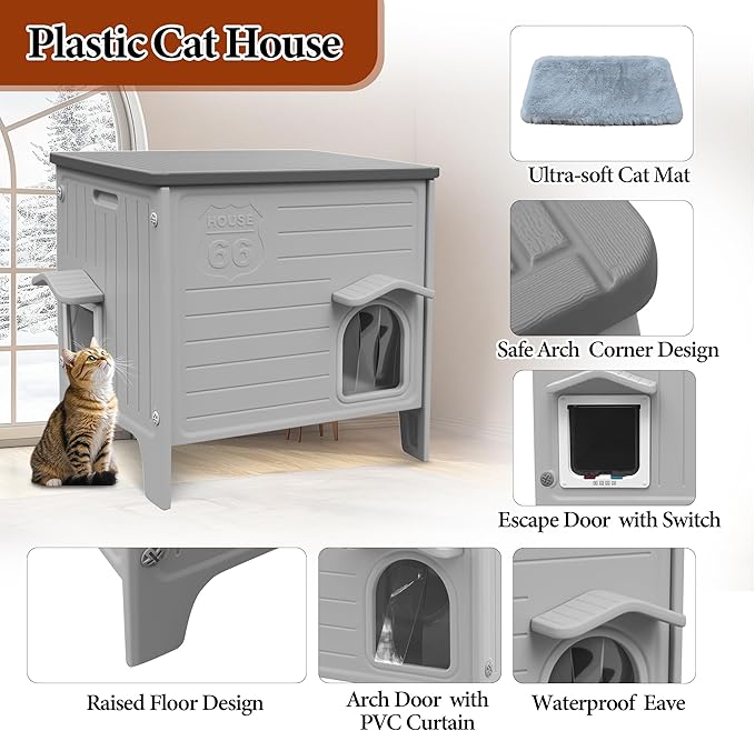 Deblue Cat House Outdoor with Cat Mat Large Weatherpoof Plastic Cats Houses with Escape Door Indoor Waterproof Feral/Pet Cat Shelter Outside for Multiple Cats (Grey)