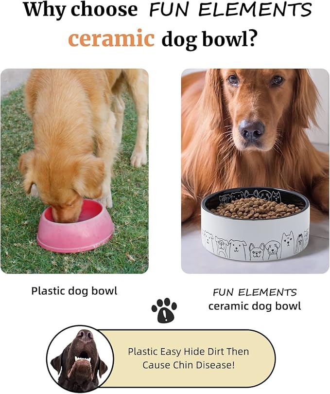Fun Elements Ceramic Dog Bowls - Non-Slip, 16 Fl Oz Black Bowls with Adorable Dog Patterns (Small)