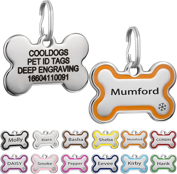 CoolDogs Stainless Steel Enamel Pet ID Tags for Dogs and Cats, Personalized Dog Tags,Cat Tags,Custom Engraved Dog Name Tag,Cat Name Tag with up to 5 Lines of Text on Both Sides (Orange, Small)
