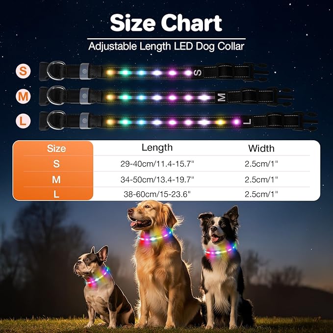 Fiveda Light Up Dog Collar, USB Rechargeable 6 Modes, Waterproof Charging Port, Long Lasting LED Collar - Adjustable Nylon Reflective for Dogs, Sizes S/M/L (7/9/11 Lights) - Black, L