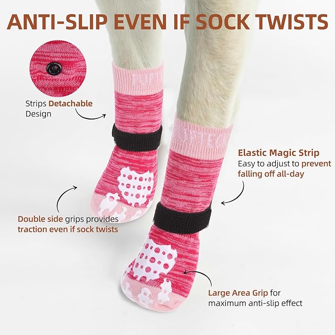 PUPTECK Anti-Slip Dog Socks with Double Sides Grips for Small Medium Large Dogs Hardwood Floors Prevents Licking, Dog Shoes for Hot Pavement Traction Control for Senior Dogs, Fuschia, XL