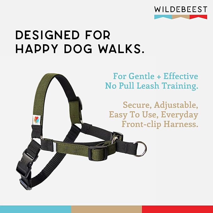 Wildebeest No Pull Dog Harness | Comfortable Training Harnesses | Effective No Pull Harness Design | Ideal for Large Sized Dog | 4-Point Adjustable(L - 26~32 inch Girth, Olive)