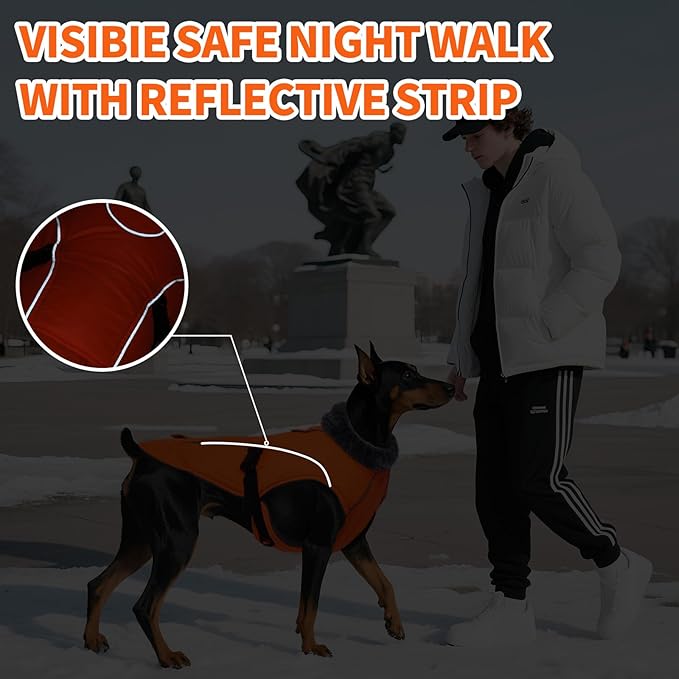 DENTRUN Winter Warm Dog Coat Reflective Jacket with Turtleneck for Cold Weather, Adjustable Buckle Windproof Water Repellent, Thick Snowsuit Fleece Vest for Small, Medium, Large Dogs, Orange, L