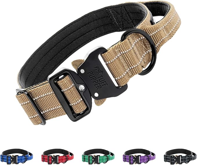 Tuff Pupper Tactical Dog Collar with Handle | Heavy Duty Adjustable Dog Collar | Military Nylon Collar for Large Dogs | Quick-Release Buckle | Soft Padded Comfort | Training Control (Tan, Large)