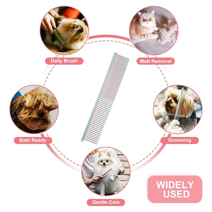 Dog Cat Comb, Pet Combs Stainless Steel Teeth with Rounded Ends for Knots Mats Loose Hair Removal, 7.5IN (Colorful Plated, 3 Pack), Grooming Tool Intended for Long Curly Hair Pet