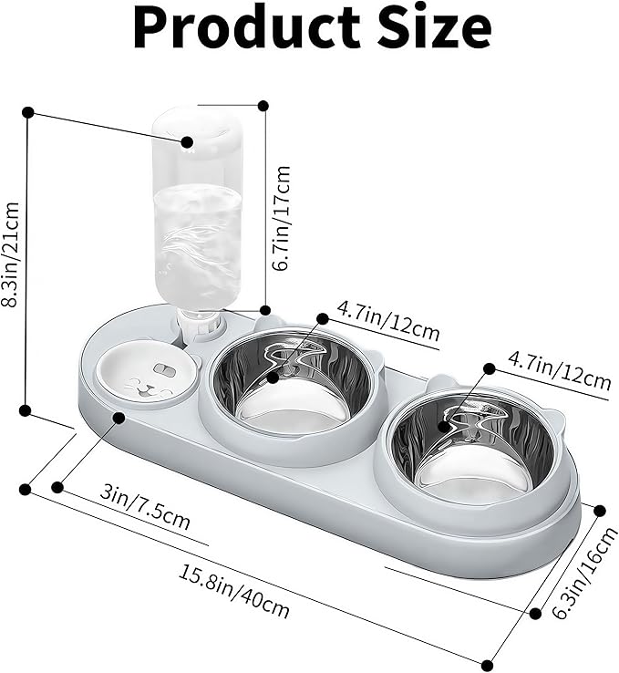 Marchul 3 in 1 Cat Bowl, Cat Food and Water Bowl Set with Water Dispenser and Stainless Steel Bowls, 15° Tilted Pet Raised Three Bowls for Indoor Cats, Small or Medium Sized Dogs