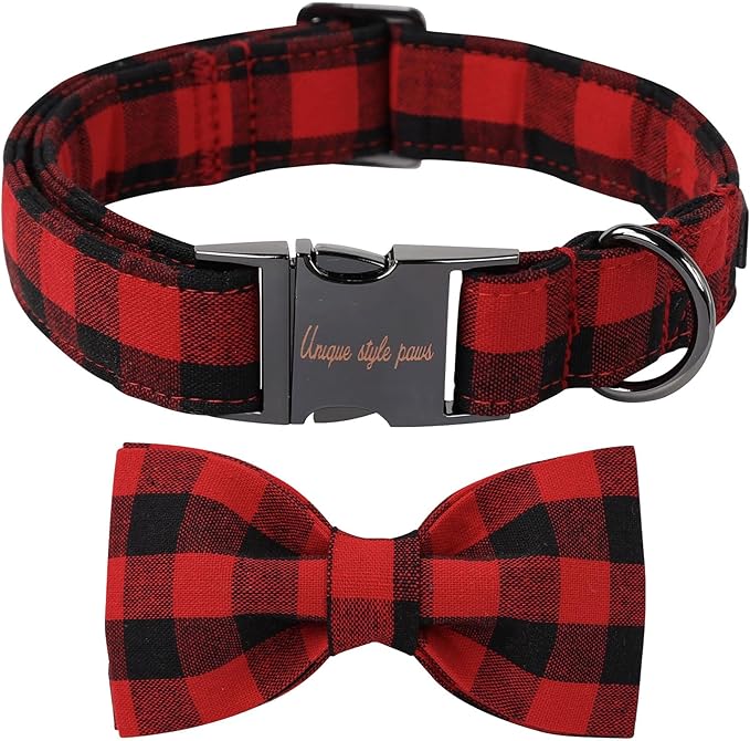 Unique style paws Cotton Dog Collar with Bow Puppy Collar with Black Red Plaid for Small Medium Large Boys Girls Dogs