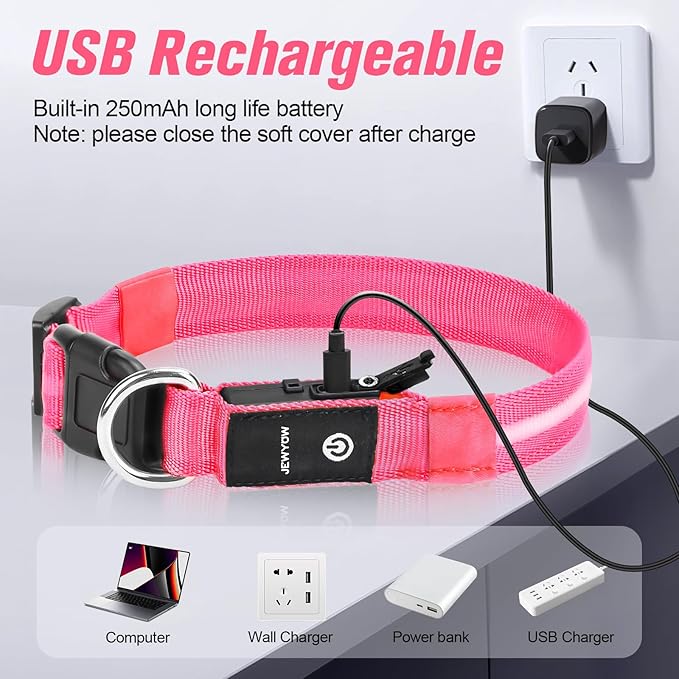 LED Dog Collar, Light Up Dog Collar, USB Rechargeable - Brightest Dog Lights for Night Walking, 6 Light Modes, Adjustable for Dog Safety(Large, Candy Pink)