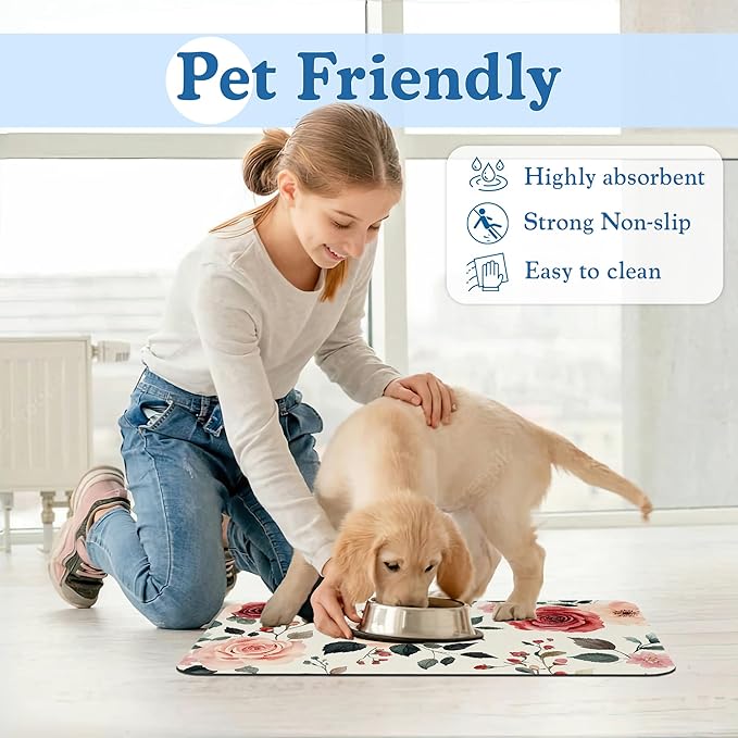 Pink Flower Leaf Pet Feeding Mat–Christmas Stocking Quick Dry Absorbent Dog Cat Food Mat, Non Slip Waterproof Bowl Placemat for Messy Eaters, Pet Accessories for Floors 12"x20"