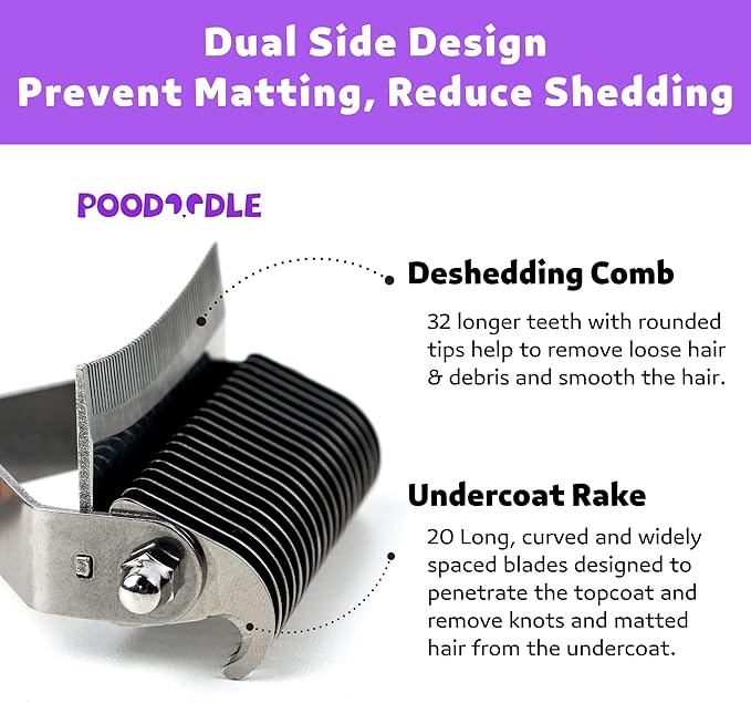2 in 1 Undercoat Rake for Dogs and Cats, Professional Grooming Brush Dematting & Shedding Comb to Remove Loose Hair, Matted Fur Efficiently, Perfect for Poodle, Doodle & All Long Haired Pets