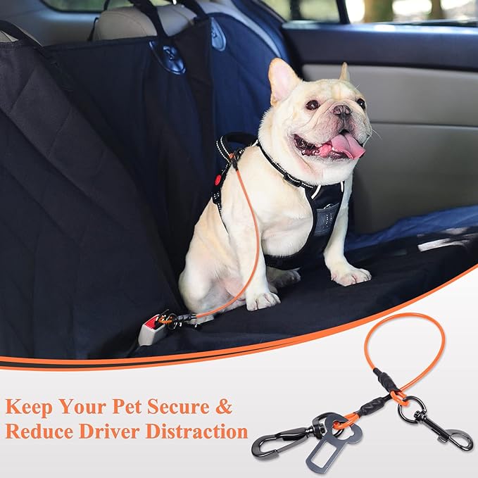 VIVAGLORY Dog Seat Belt Tuffbelt Dog Car Harness, Seatbelt with Clip & Hook for Car Travel, Chew Proof Anti Chew Unchewable Metal Safety Tether Restraint, S, Orange
