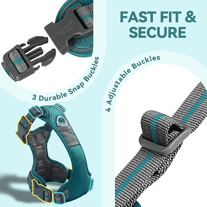 VIVAGLORY Dog Harness Easewalk No Pull Dog Harness with Handle & Front Back Clip for Training Lifting, Easy On Adjustable Padded No Pull for Pet & Puppy, XS, Hunter Teal