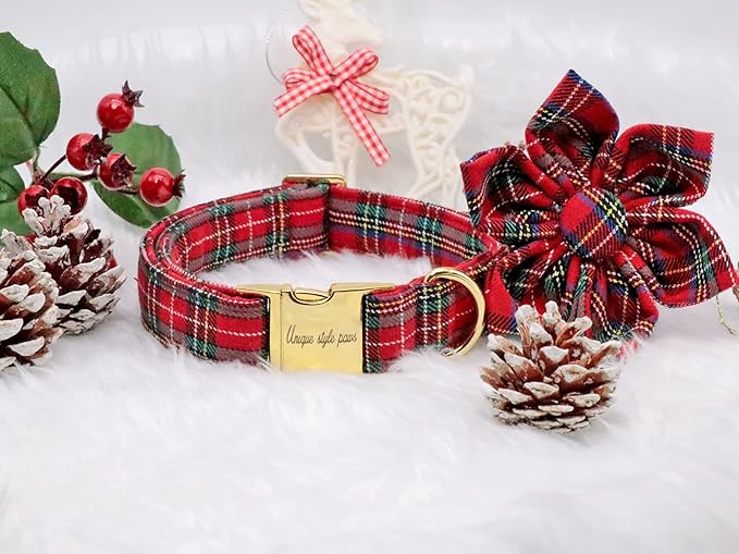 Uniqe Style Paws Christmas Grid Dog Collar, Female or Male Adjustable Puppy Collar with Flower, Durable Floral Pattern Pet Collar for Small Dogs