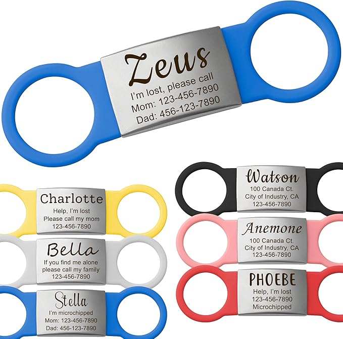 Anavia Slide On Silent Pet ID Tags, S/M/L/XL Personalized Multi-Color Silicone Band Cat Dog Name Tags, Customized Engraved Stainless Steel, Chew-Proof Quiet Dog Collar Tags (Medium, Blue)