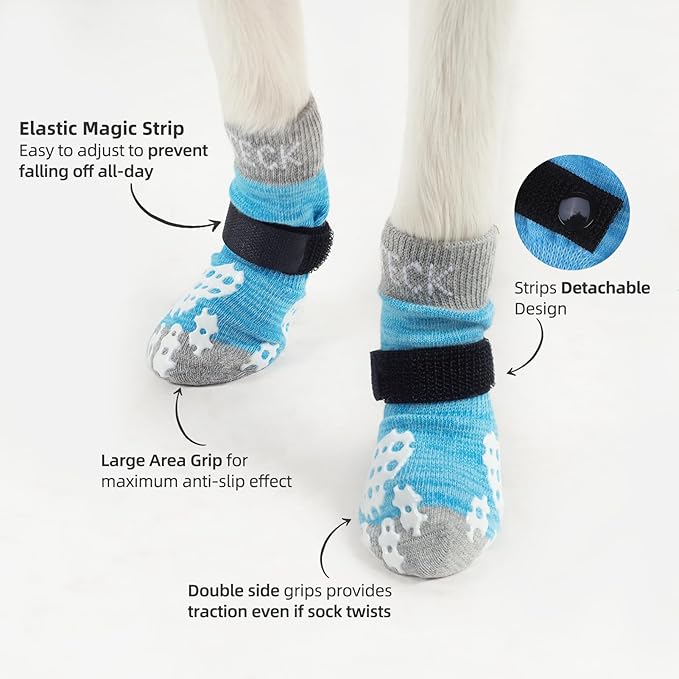 PUPTECK Anti-Slip Dog Socks with Double Sides Grips for Small Medium Large Dogs Hardwood Floors Prevents Licking, Dog Shoes for Hot Pavement Traction Control Paw Protector for Senior Dogs, Blue S
