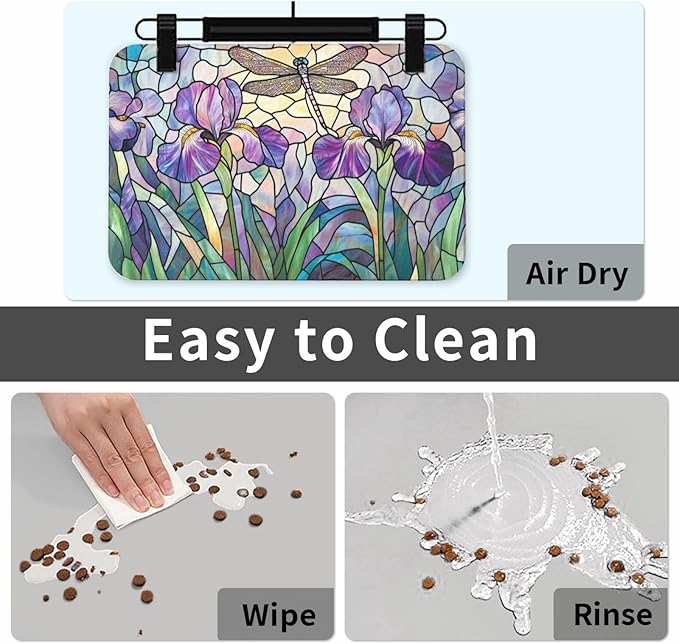 Stained Glass Floral Dragonfly Dog & Cat Food Mat for Floors Waterproof,Quick Dry Anti-Slip Bowl Mats for Food and Water,Pet Feeding Mats,Pet Placemat for Messy Drinkers to Protect Floor 17.72×11.81in