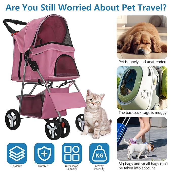 Pet Stroller 4 Wheels Dog Cat Stroller for Medium Small Dogs Cats, Folding Cat Jogger Stroller with Storage Basket & Breathable Mesh, Easy to Walk Travel Carrier