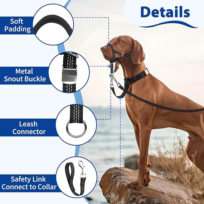 BARKLESS Sturdy No Pull Head Collar for Medium Large Dogs, Gentle Reflective Head Halter with Safety Link, Adjustable Nylon Dog Training Muzzle Leash for Walking Control (Blue, XL)