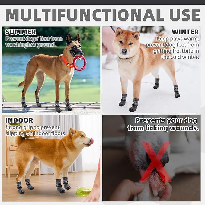 KOOLTAIL Dog Socks to Prevent Licking Paws for Hardwood Floors Anti Slip, Winter Warm Pet Boots&Paw Protector with Grippers, Double Sides Dog Shoes Booties for Small Medium Large Senior Dogs Grey M