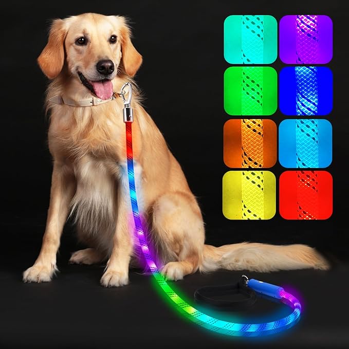 Xeuch Light Up Dog Leash, LED Pet Leash for Night Walking,13 Lighting Modes, Rechargeable Dog Lights, Glow in The Dark Walking Leashes with Tangle-Free Hook for Medium Large Dogs (Leash-5Ft)