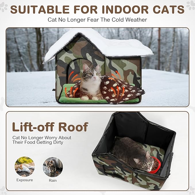 3 Pcs 21"x 18" Outdoor Waterproof Cat House with Curtained Door Self Warming Pad Blanket Large Feral Cat Shelter Winter Camo Collapsible Kitty Dog Bed Outside, 3 Tent Stakes, Easy Assemble