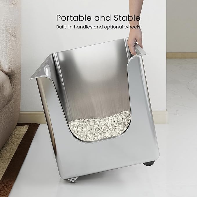 Stainless Steel Litter Box 13.6'' High Sides, XL Metal Cat Litter Box with Curved Low Entry, Cat Litter Pan for Big & Multiple Cats, Pet Toliet with Handy Wheels for Easy Moving