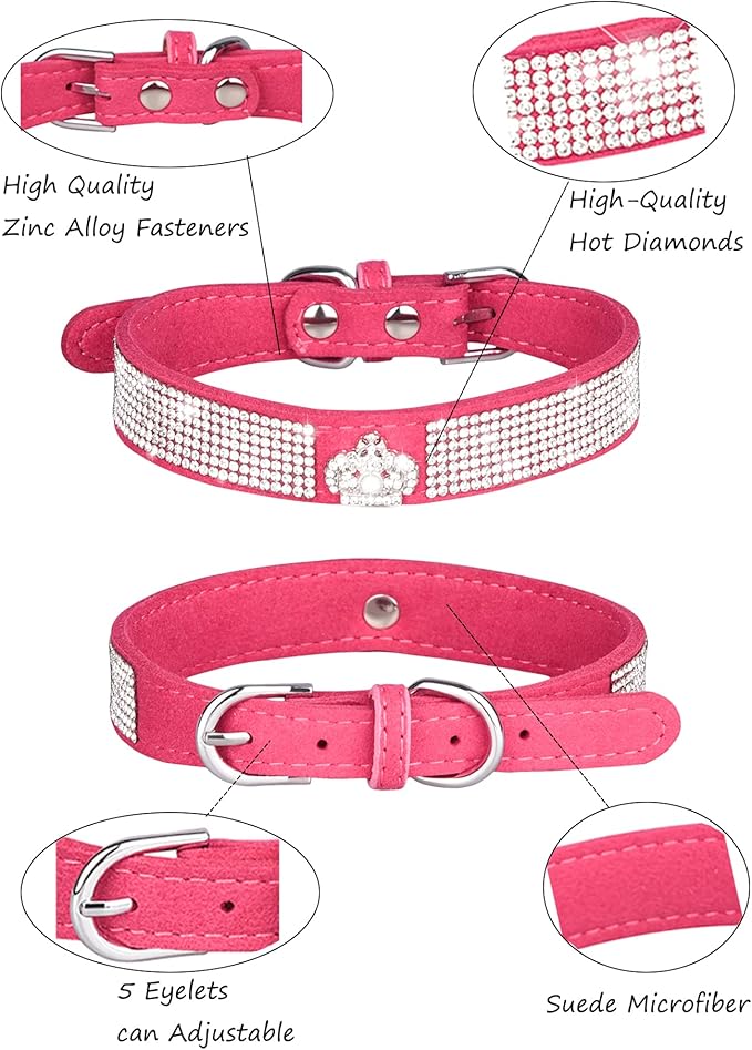 Dog Collar for Small Dogs, Adjustable Leather Suede Bling Dog Collars，Pink Dog Collar Cat Collar, Rhinestone Dog Collar (XS, Rose red3)