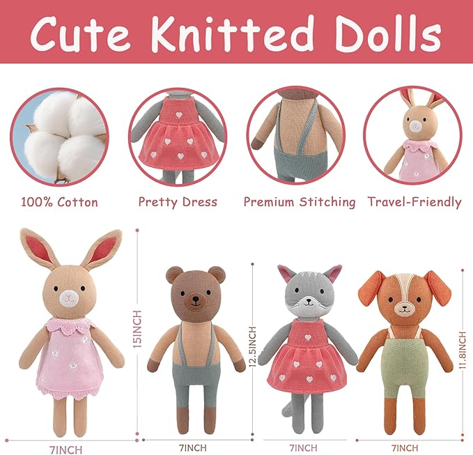 4 Pack 12 Inches Stuffed Animals Handmade Cotton Cute Small Animals Dog Cat and Forest Animals Soft Bunny Teddy Bear Plush Toy for for Toddlers, Kids, Adults, Baby Shower Decor Christmas Easter Gifts